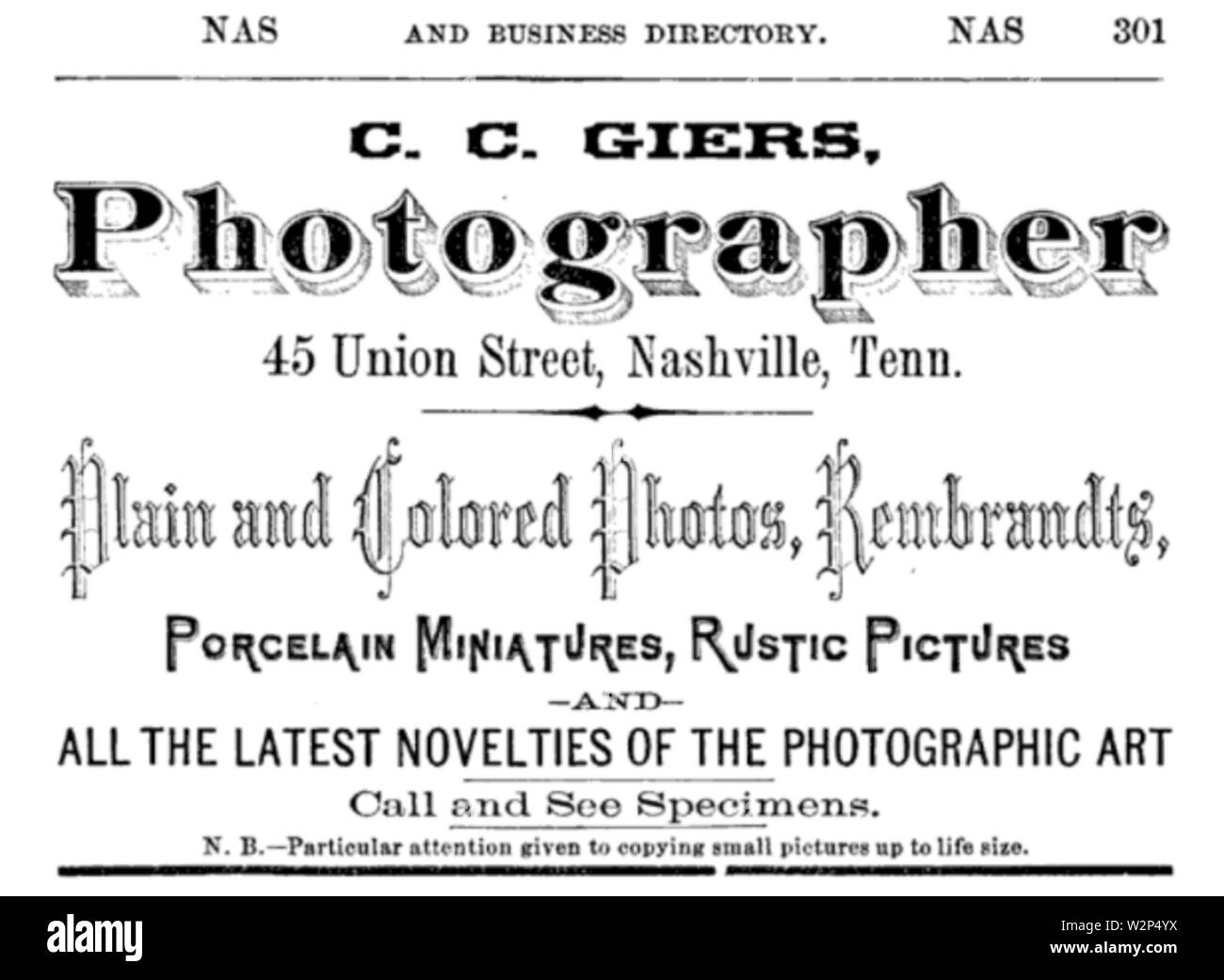 1876 C C Photographe Giers annonce Nashville Tennessee Banque D'Images