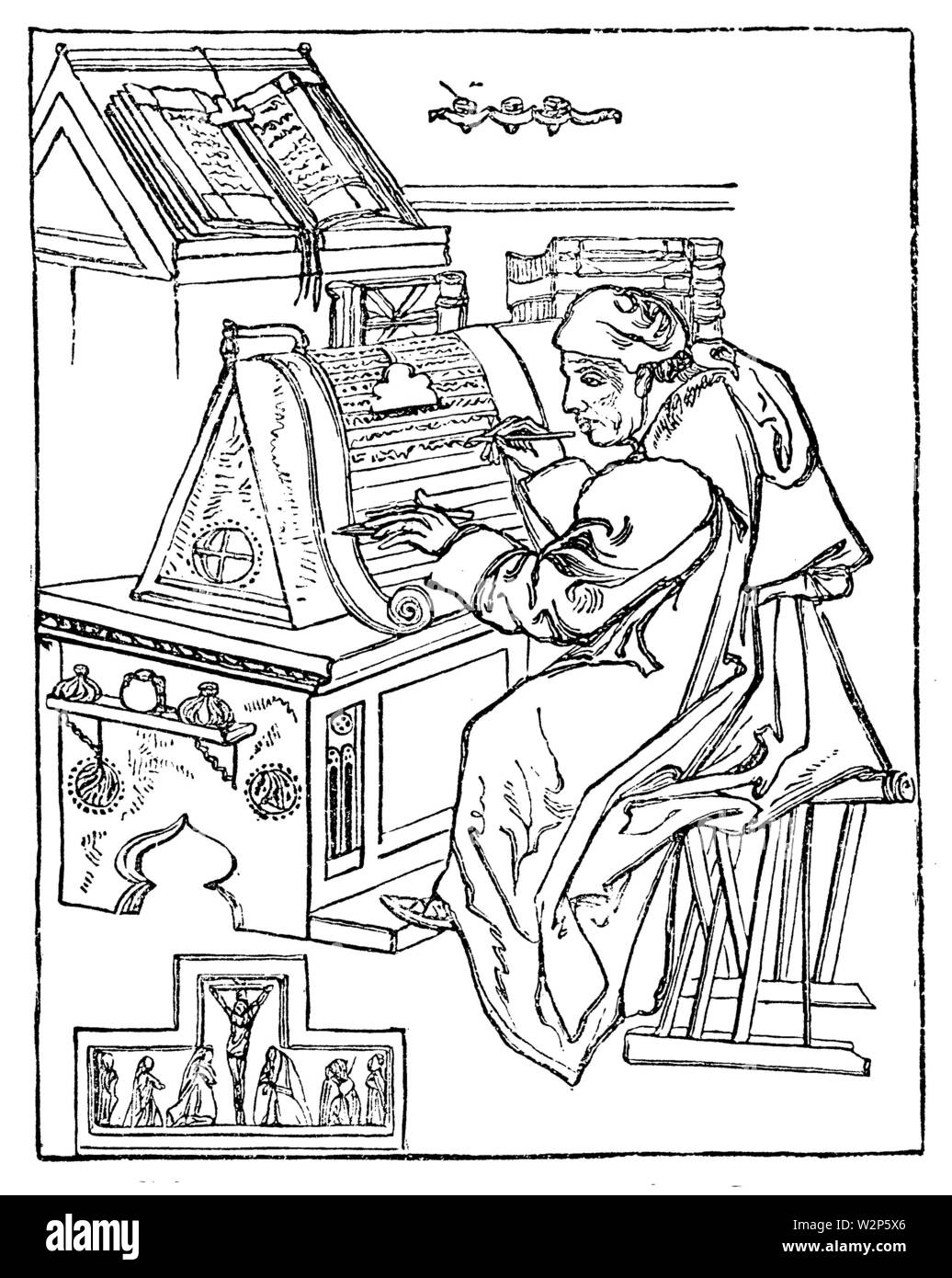 Écrit moine dans sa cellule, entouré d'ustensiles pour l'écriture et éclairant. D'après un manuscrit médiéval, , l'histoire littéraire (livre, 1881) Banque D'Images