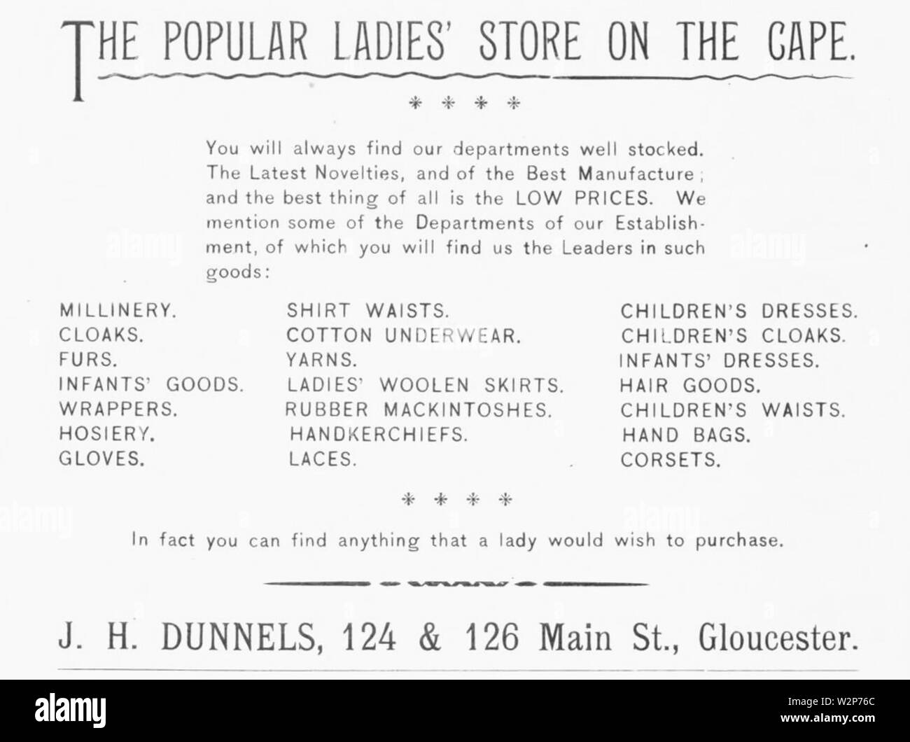Annonce Dunnels 1892 no124 Main Street USA Massachusetts Gloucester Banque D'Images