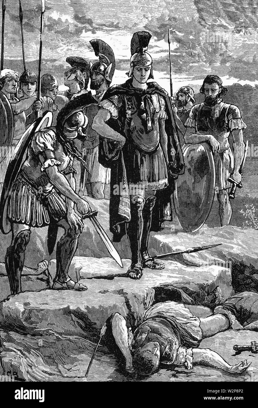 Au début de l'été 330, Alexander pourchassés le roi Perse Darius III Codomannus dans le désert à l'est de Téhéran (ancienne Rhagae moderne). Il semble que lorsque les premiers cavaliers macédoniens est apparu, les courtisans persan a décidé de tuer leur propre roi plutôt que de lui permettre d'être capturés. Quand Alexandre était près d'eux, deux courtiers, Nabarzanes Barsaentes, et le frappa, lui a laissé, et faites leur échapper. La blessure s'est avérée fatale, et Darius mourut peu de temps après, avant qu'Alexander ne pouvait le voir. Banque D'Images