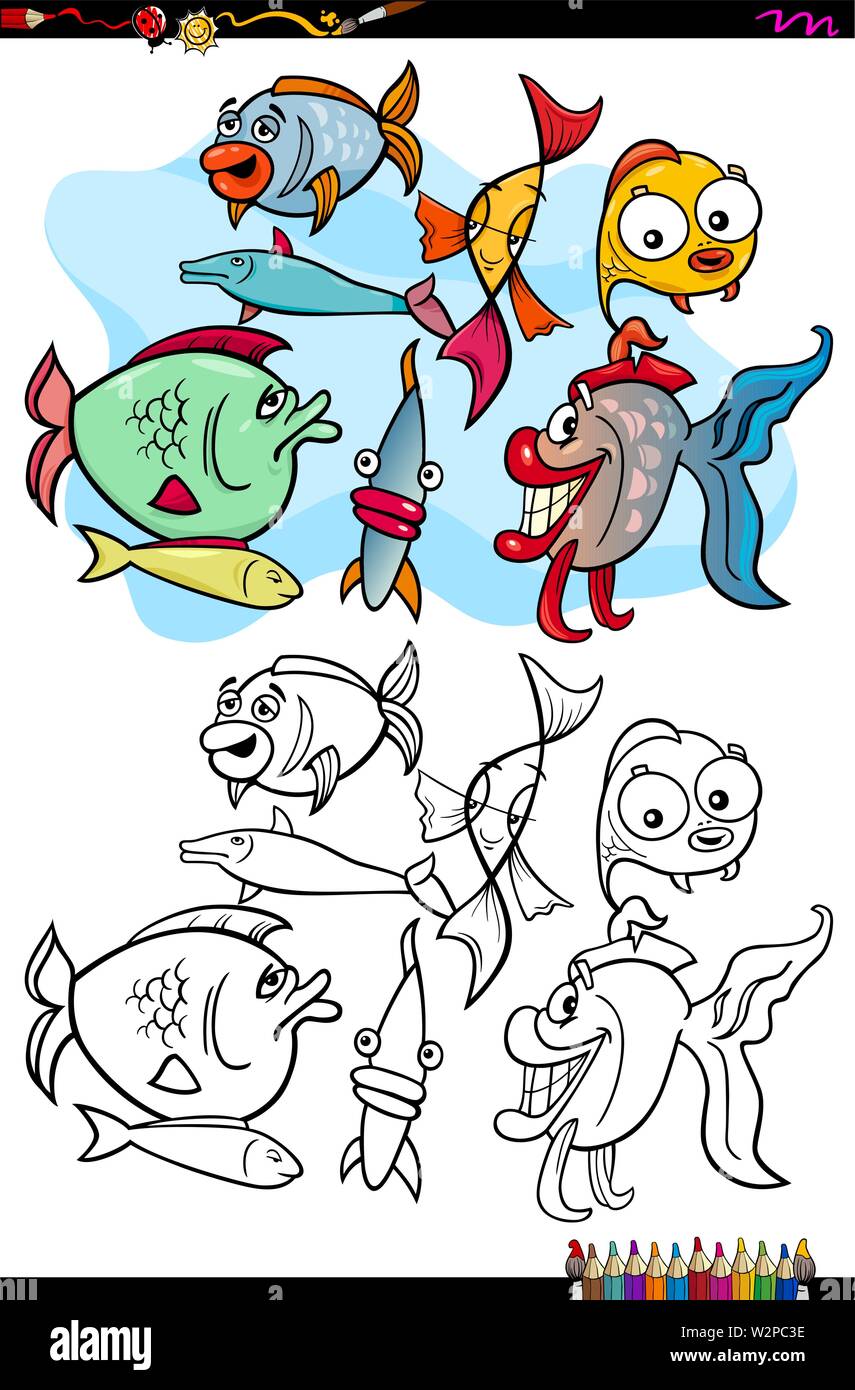 Cartoon Illustration de poissons amusants personnages animaux Activité de coloriage Illustration de Vecteur