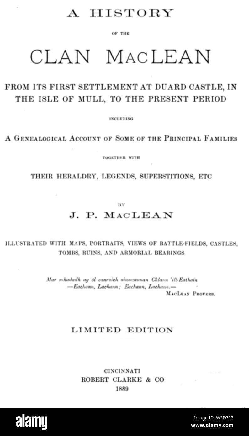 Une histoire du clan MacLean de sa première colonie à Duard château (1889) page de titre Banque D'Images