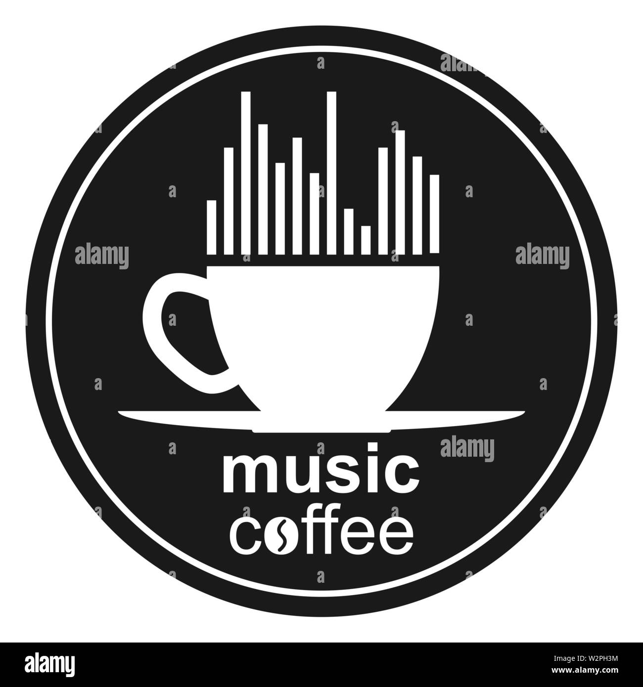Tasse de café, spectre musical, du coeur et de la musique inscription café. Modèle pour le logo, la marque ou Bierdeckel. Illustration de Vecteur