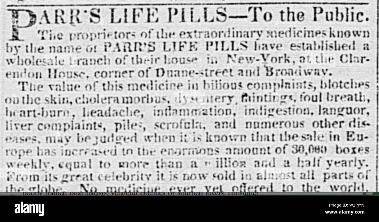 Publicité pour des médicaments brevetés Parr's Life Comprimés à New York Daily Tribune, 16 août 1842 Banque D'Images