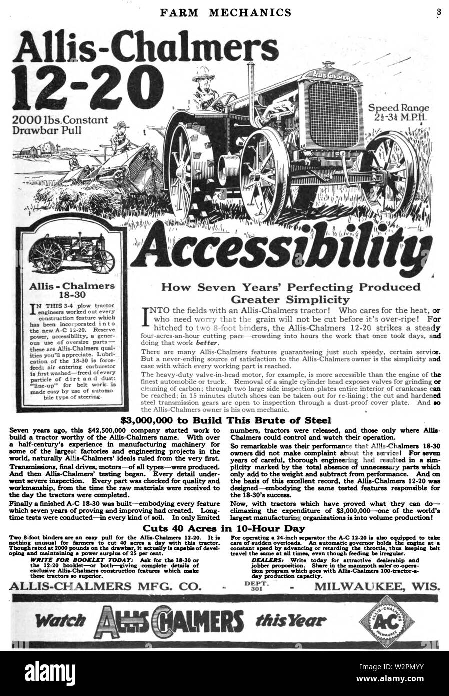 Tracteur Allis-Chalmers annonce dans la mécanique agricole Mai 1921 v5 n1 p3 Banque D'Images