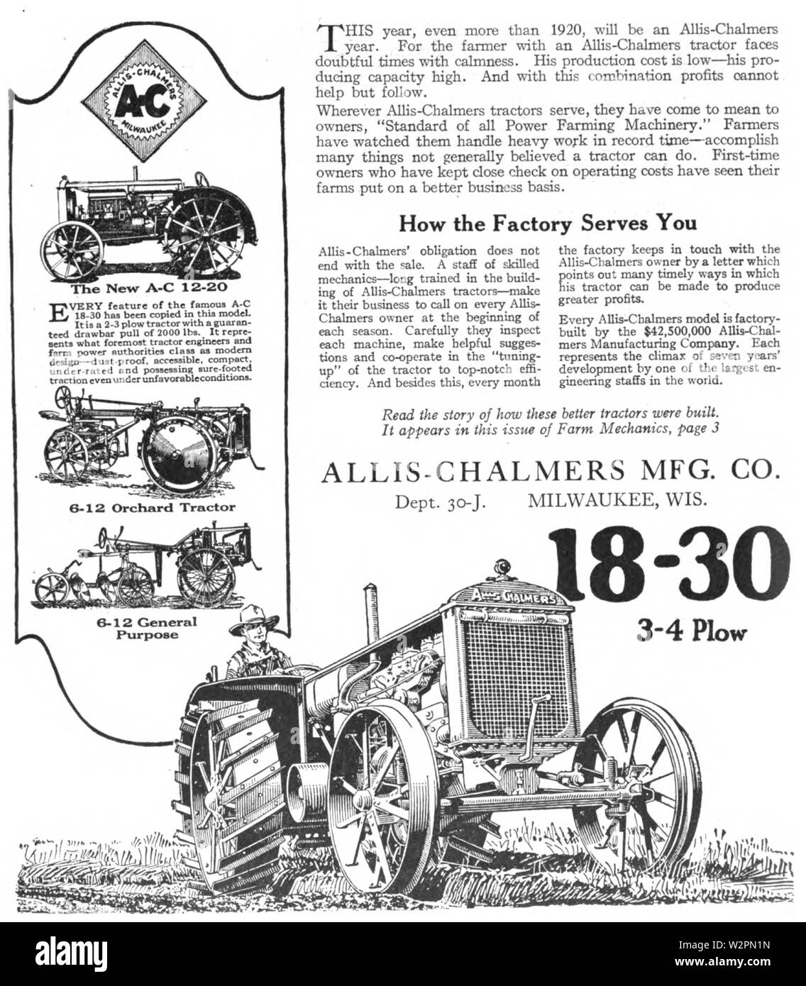 Tracteur Allis-Chalmers annonce dans la mécanique agricole Mai 1921 v5 n1 p75 Banque D'Images