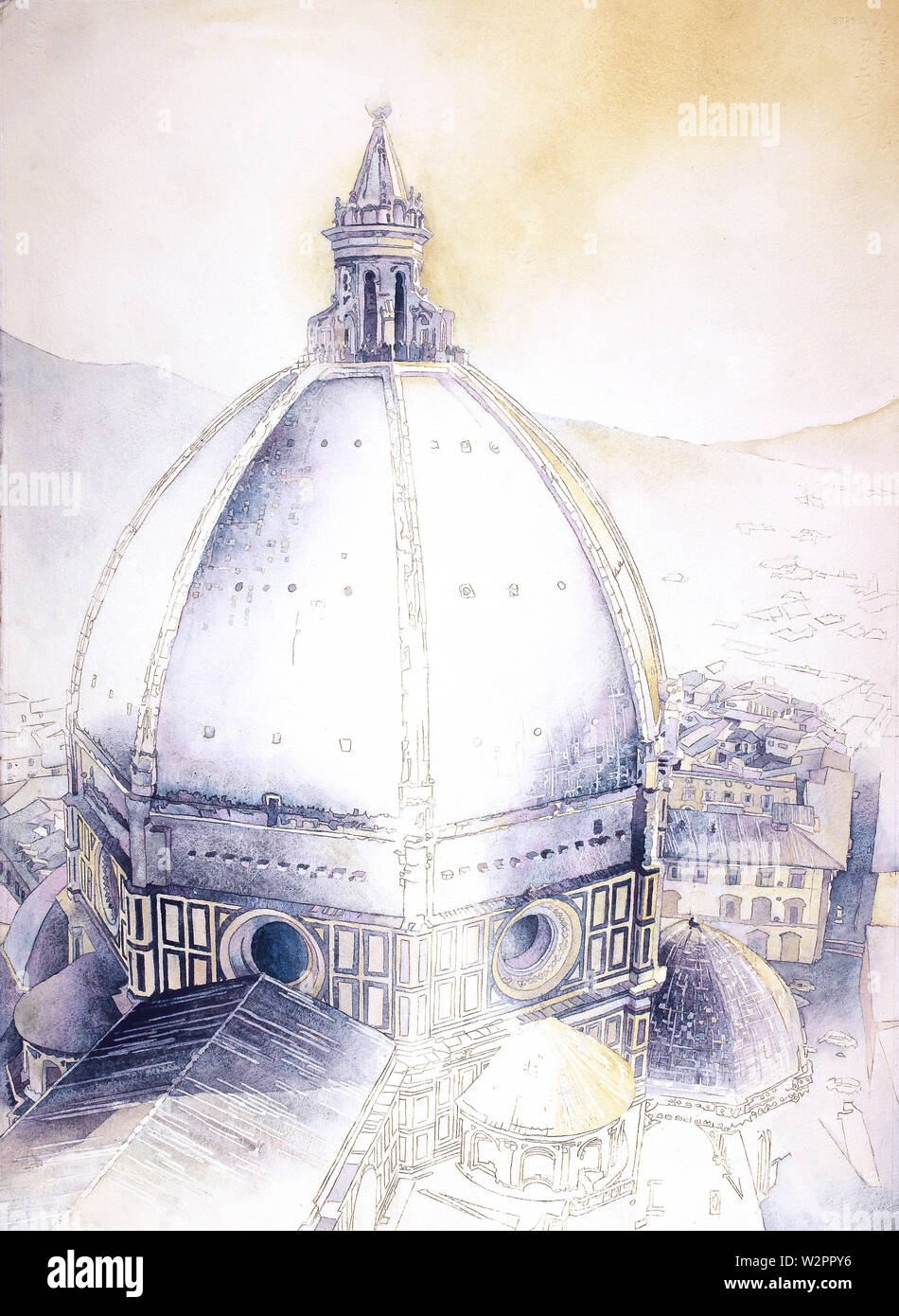 Aquarelle de la cathédrale historique et la ville de Florence du haut de la tour-clocher de Giotto- Florence, Italie Banque D'Images