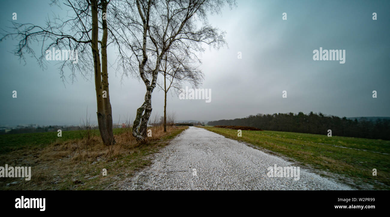 Paysage avec une route de terre entre les champs agricoles. L'objet de première neige Banque D'Images