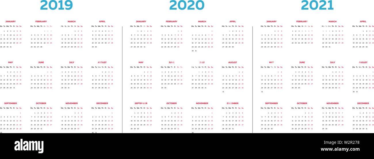 2019 2020 2021 Le modèle de calendrier avec des colonnes mensuelles classique Illustration de Vecteur