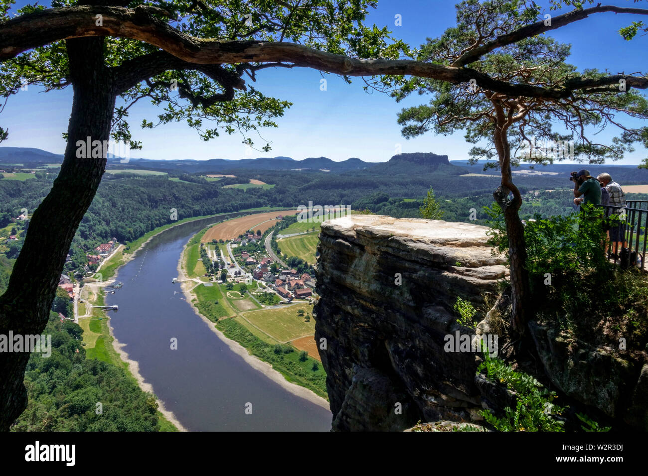 Grès rochers au-dessus de la vallée de l'Elbe, Bastei Saxon Suisse Allemagne Paysage d'été montagnes de grès de l'Elbe Banque D'Images