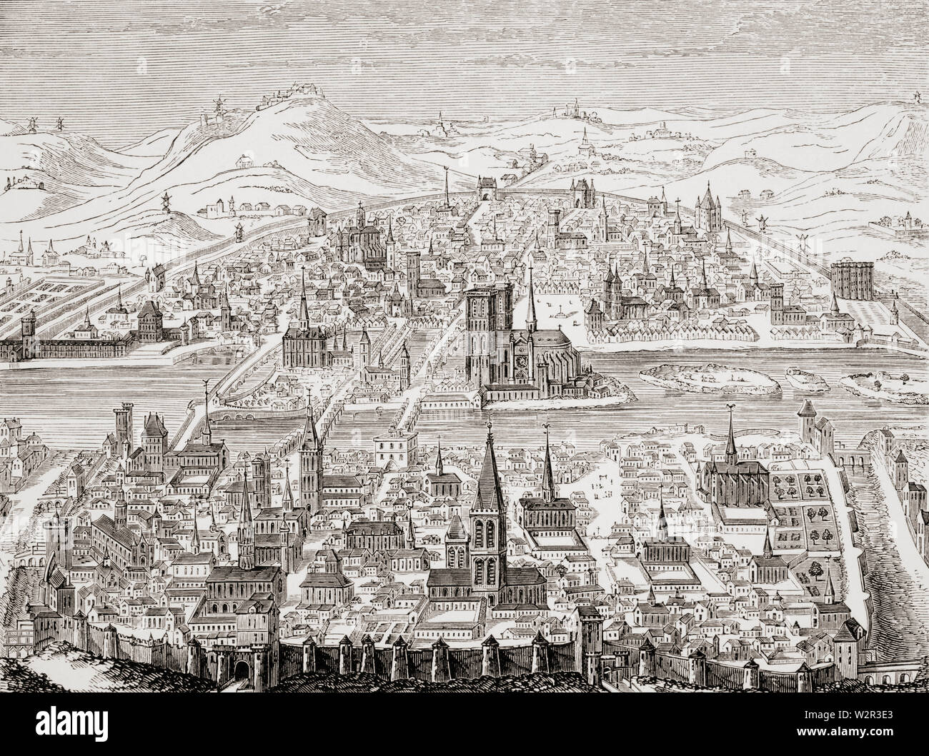 Vue en perspective de Paris en 1607. Fac-similé d'un Caultier sur cuivre par Leonard. Banque D'Images