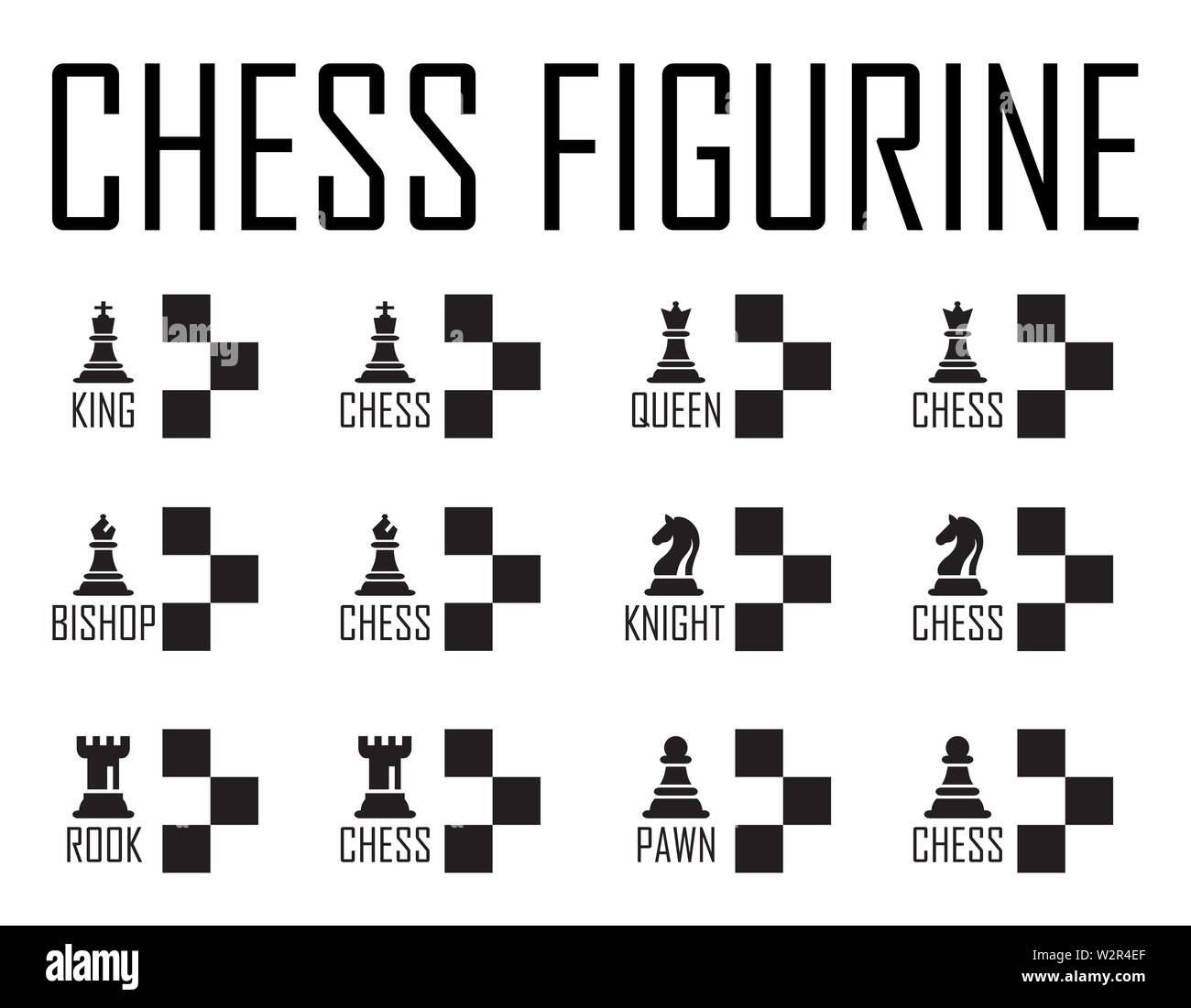 Logo d'échecs Collection Concept avec damier. Vector Illustration d'échecs. Black Chess Icons Set. Six objets y compris le roi, La Reine, l'évêque, Chevalier, Banque D'Images