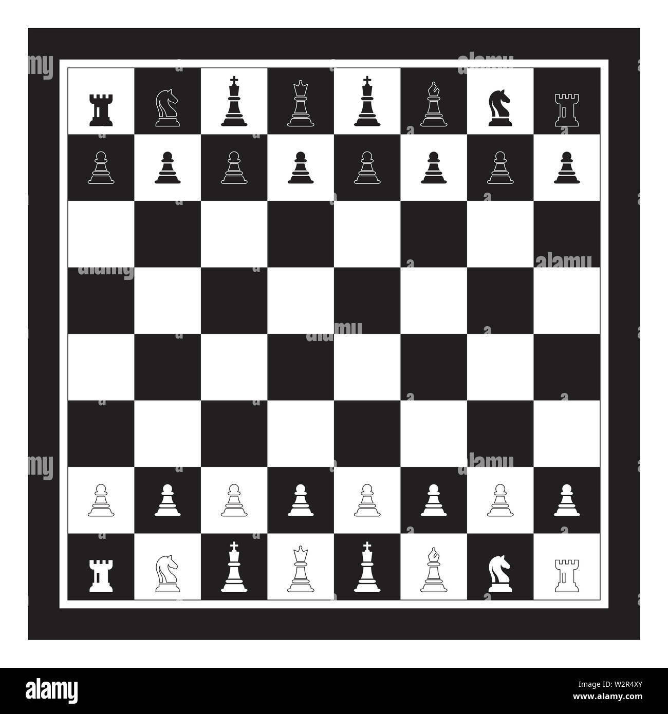 Échiquier noir et blanc avec des Figurine. Jeu d'illustration vectorielle. Les chiffres d'échecs le roi, La Reine, l'évêque, Chevalier, Tour, Pion. Conseil d'échecs Il Banque D'Images