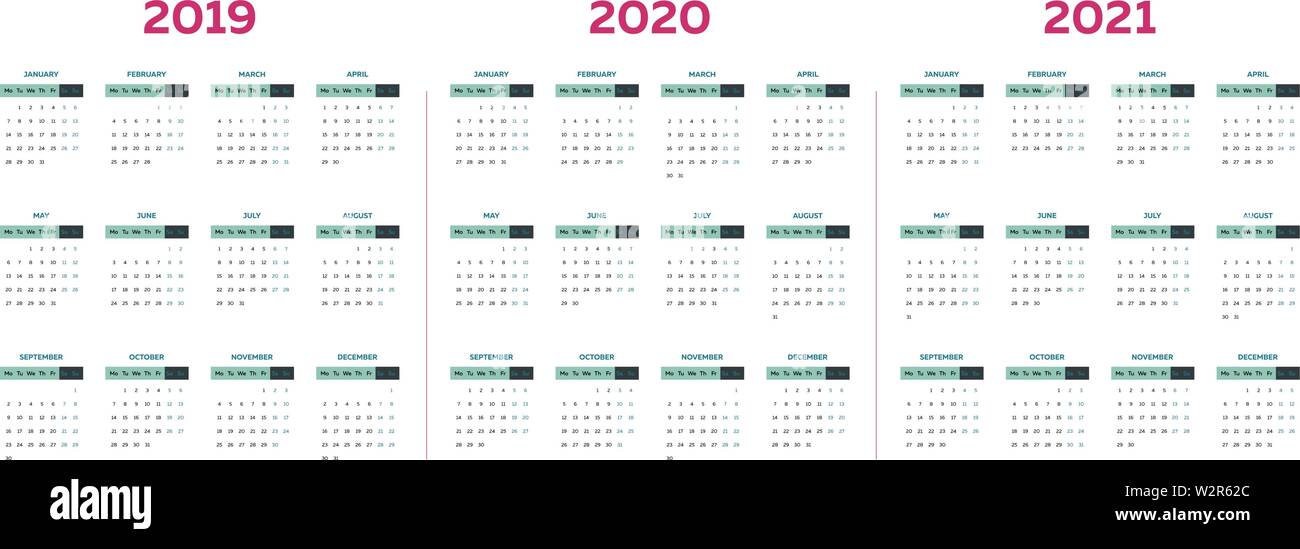 2019 2020 2021 Le modèle de calendrier avec des colonnes mensuelles classique Illustration de Vecteur