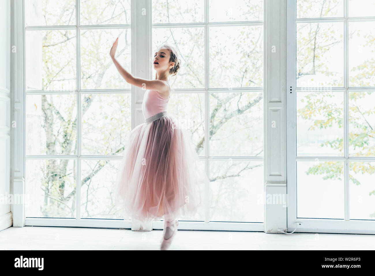 Jeune fille danseuse de ballet classique en cours de danse. Belle ballerine ballet gracieux pratique des positions en jupe tutu rose près de grande fenêtre dans whit Banque D'Images