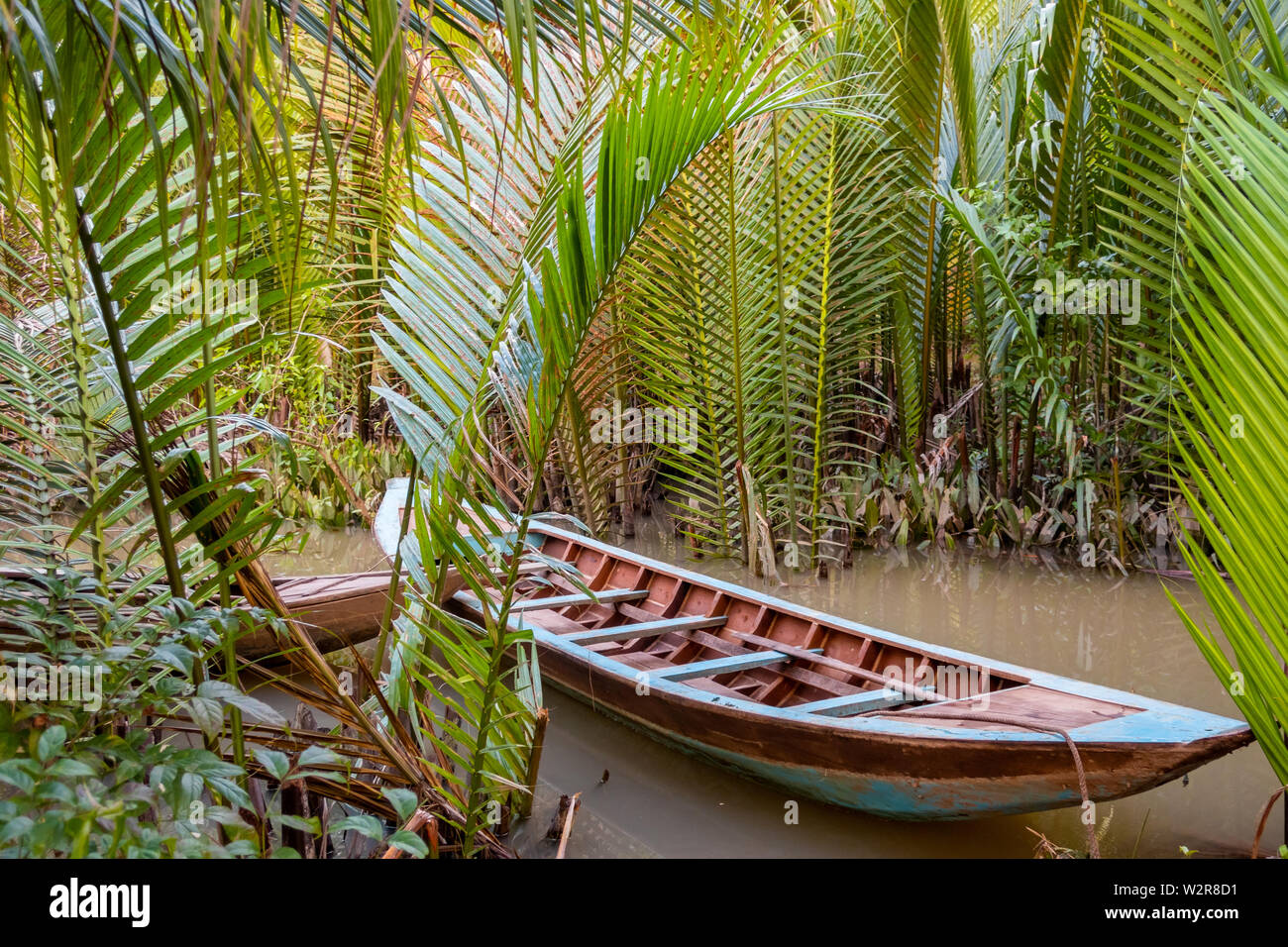 Bateau traditionnel amarré entre palmiers dans le Delta du Mékong, au Vietnam. Banque D'Images