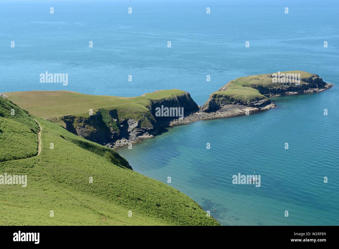 Ynys Lochtyn raz île sur la côte de la baie de Ceredigion utilisé comme icône de l'PathLlangrannog côte Ceredigion Pays de Galles Cymru UK Banque D'Images