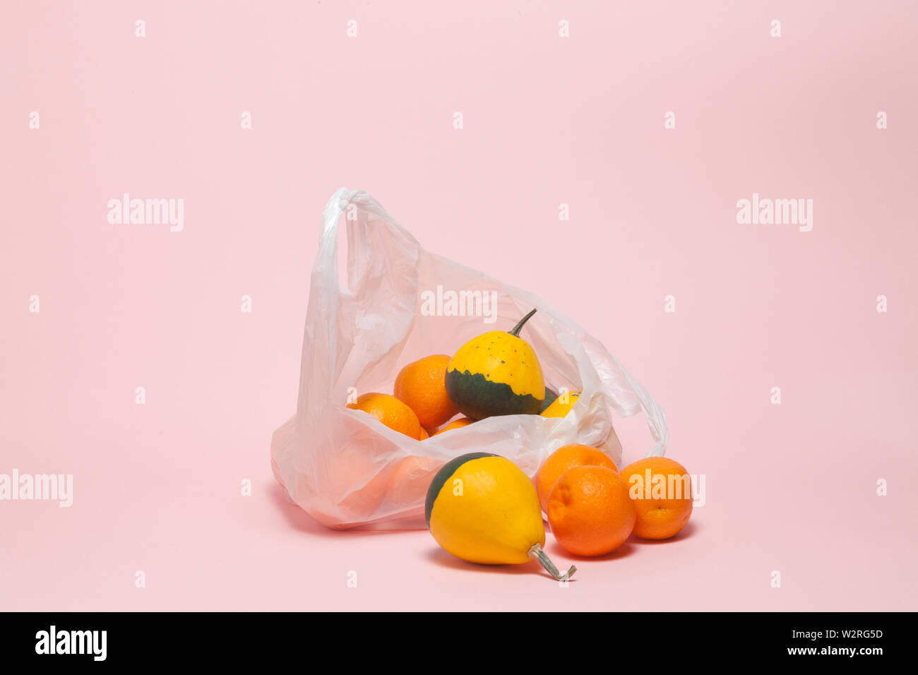 La vie toujours contemporaine - l'automne ou au printemps ? - Citrouilles et décoratif de mandarines dans un sac en plastique Banque D'Images