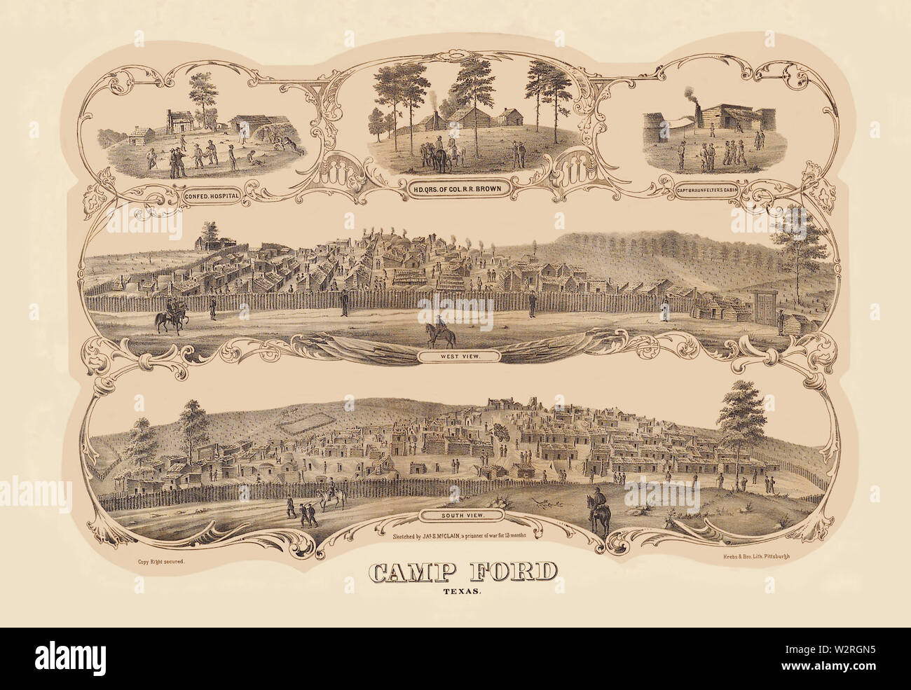 Coupe de bois de gravure le Camp Concentrationnaire Ford, Tyler, Texas. À l'origine dessiné par Corp. James S. McClain, F 120e d'infanterie, de l'Ohio, capturé le 3 mai 1864, et qui s'est tenue comme un prisonnier de guerre jusqu'au dernier échange de prisonniers le 27 mai 1865. Les inserts montrent : gauche - l'hôpital du camp situé au sud de la prison ; centre - le siège du colonel Reuben R. Brown, 35e de cavalerie du Texas, qui était commandant du camp à partir de septembre 1864 jusqu'à la fin de la guerre, et à droite - la cabine du capitaine Elias, Fraunfelter Co. F, 120e de l'Ohio, capturés sur la rivière Rouge, le 3 mai 1864, 27 mai, 1865 l'échange. Remarque Banque D'Images