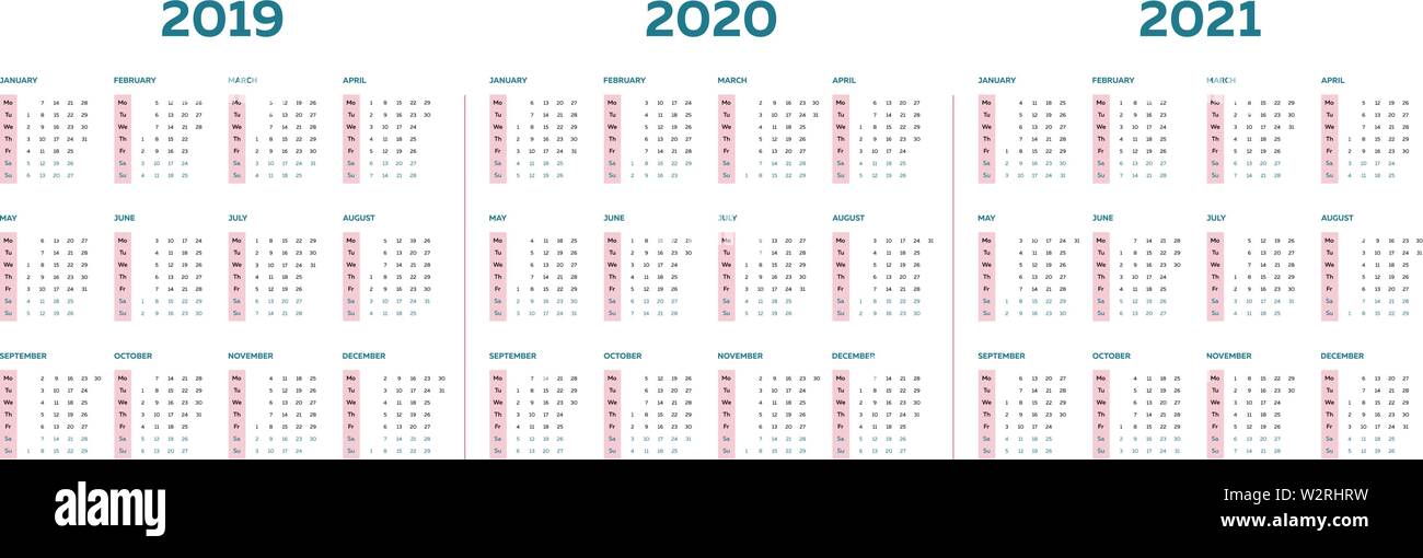 Modèle de calendrier 2019 2020 2021 avec colonnes mensuelles verticales Illustration de Vecteur