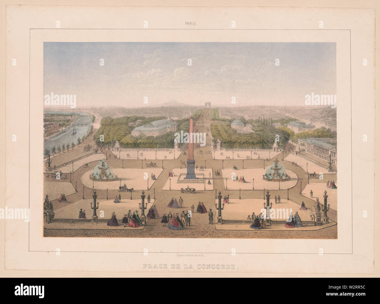 Paris. Place de la Concorde ; impression montre une vue d'obélisque à la place de la Concorde, avec les piétons sur la place, les fontaines, la Seine, et d'autres bâtiments. Banque D'Images