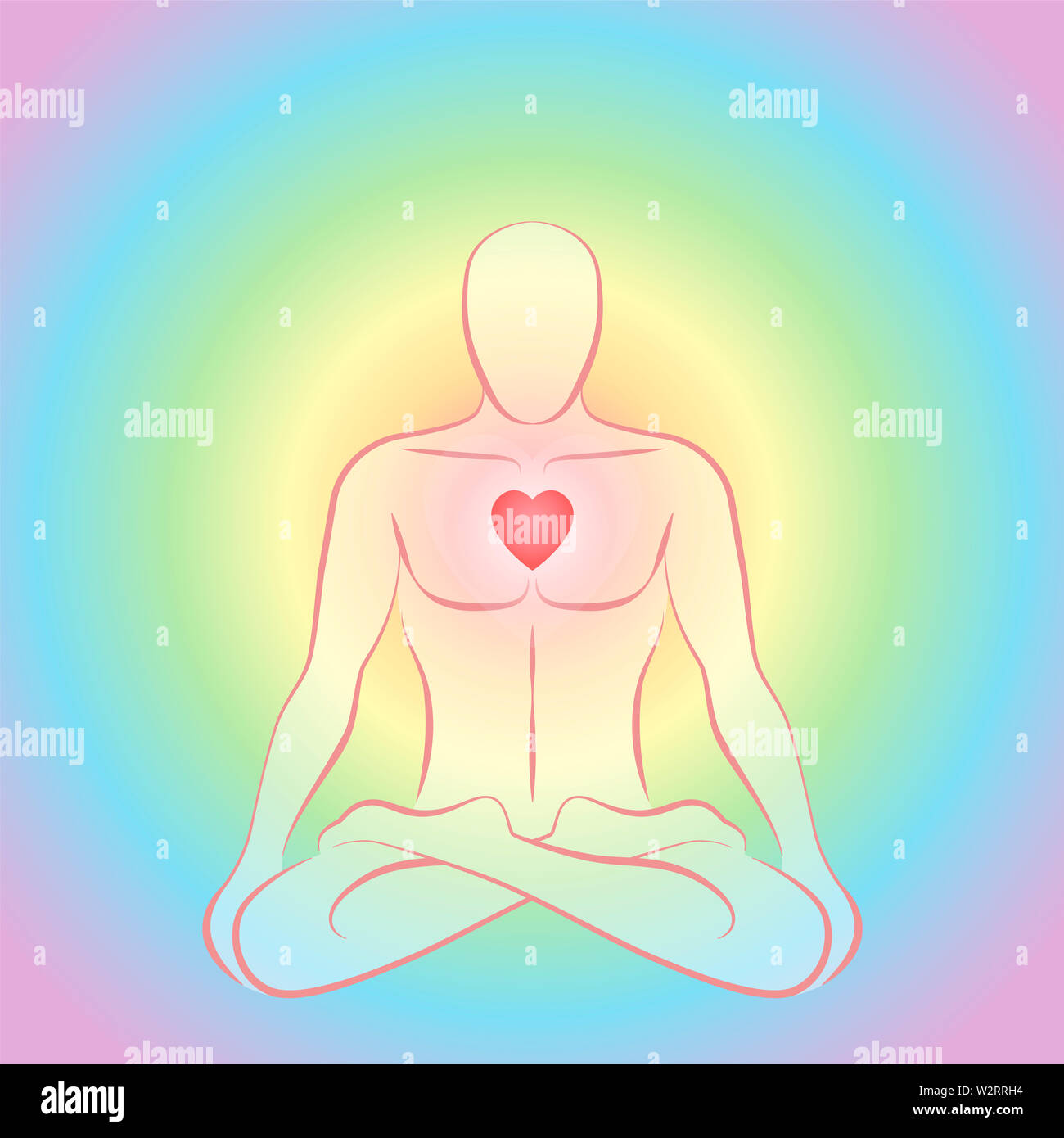 La méditation zen man in lotus position au chakra du coeur rouge lumineux sur fond circulaire de couleur arc-en-ciel. Banque D'Images