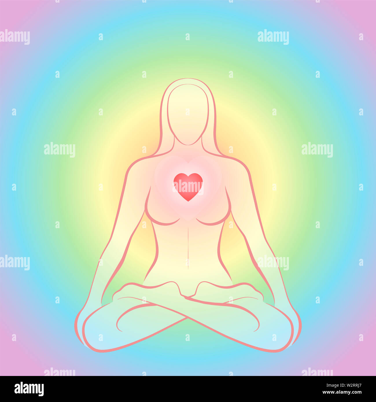 La méditation zen femme en position du lotus avec chakra du coeur rouge lumineux sur fond circulaire de couleur arc-en-ciel. Banque D'Images