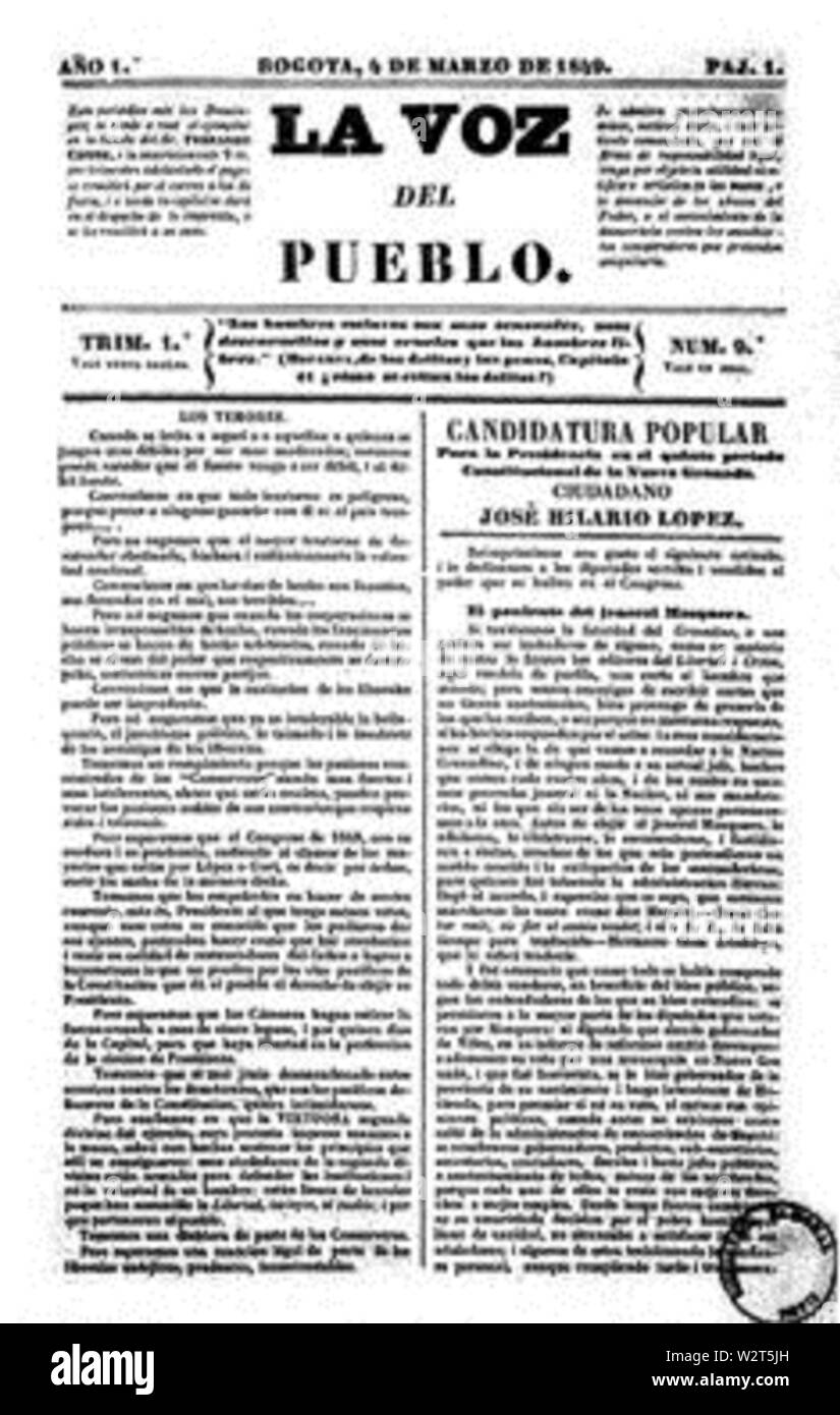 Couvrir de La Voz del Pueblo - journal de Bogota - 4 mars 1849 Banque D'Images