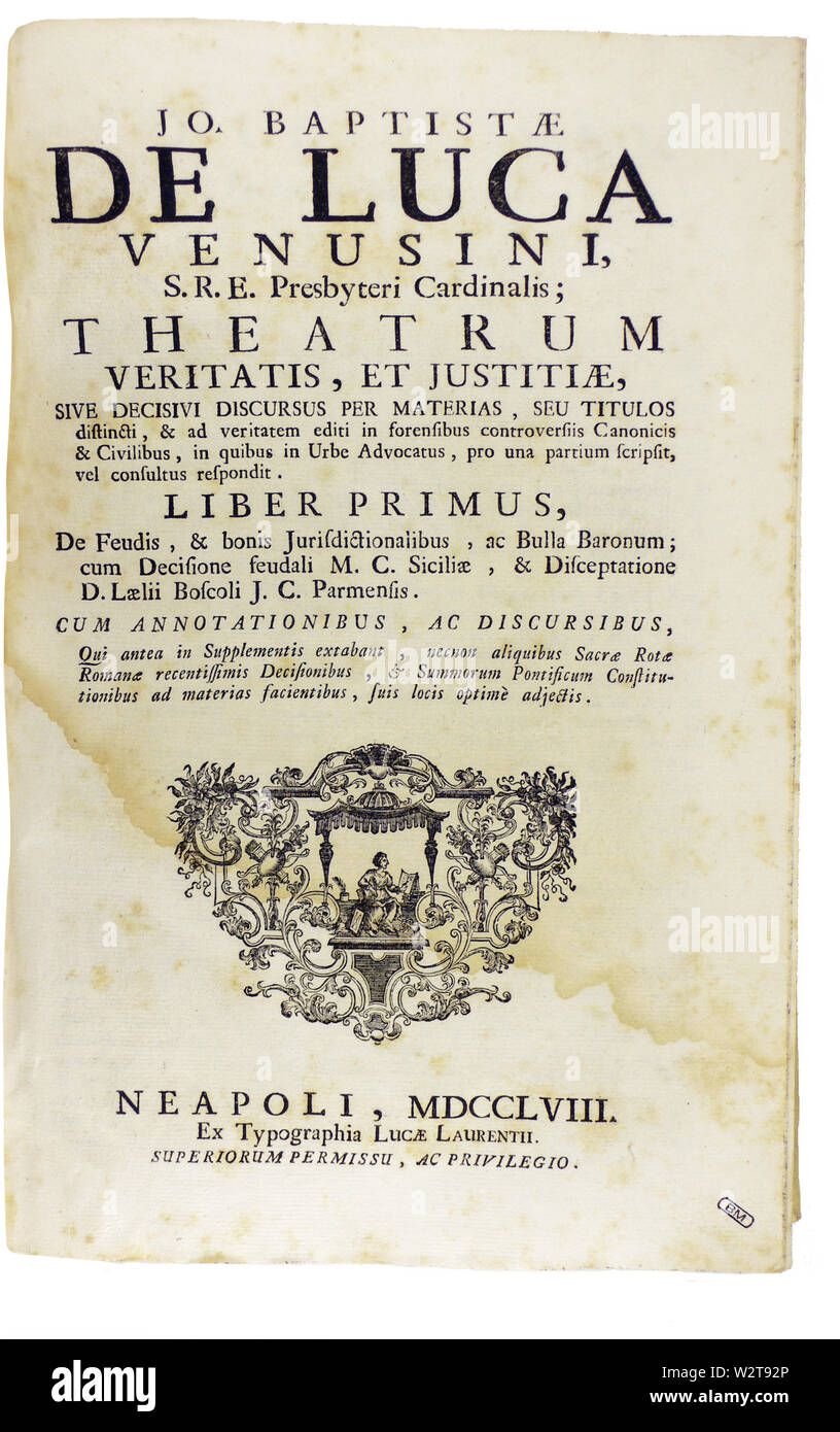 Auteur De Luca, Giovanni Battista Editeur ex typographia Lucae Laurentii Titre Theatrum veritatis, et justitiae, sive par decisivi discursus materias, seu les titulos distincti, & ad veritatem editi dans forensibus controversiis canonicis & civilibus, dans quibus dans d'Urbe advocatus, pro una partium, scripsit vel consultus respondit. Liber Primus -decimusquintus 18 c. Description : fig.  ; Fol. Langue Latin date de publication 1758 Collection Mansutti Foundation Endroit Milano, ITALIA par 45° 27' 30.35" N, 9° 11' 17.59" E établi 2004 page Web Banque D'Images