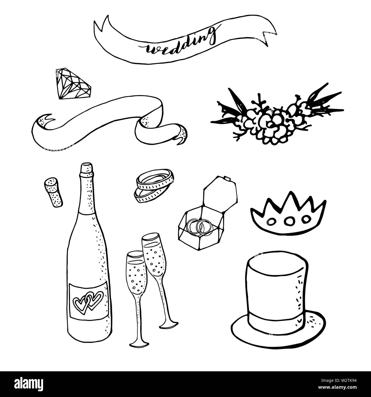 Ensemble de clipart de mariage avec cylindre blue hat, rubans, bagues, bouteille de vin mousseux, Diadem, anneau de mariage fort. éléments de conception pour le mariage. isolated Illustration de Vecteur
