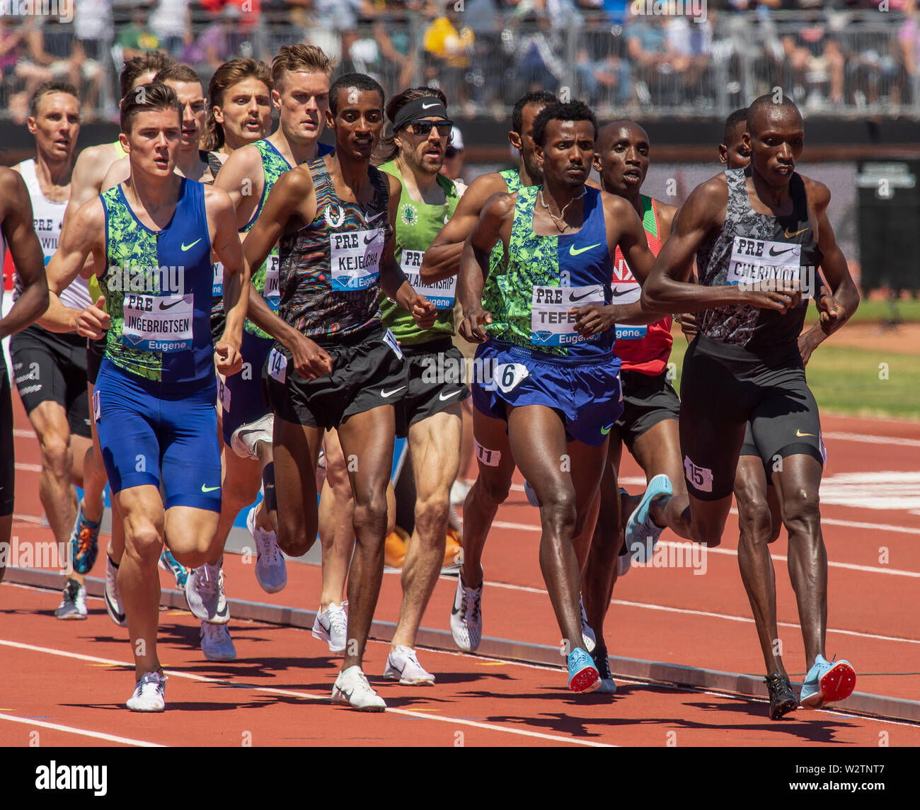 Californie - USA - 30 juin 2019 : Jakob Ingebrigtsen, Samuel Tefera et Timothy Cheruyiot concurrentes dans les hommes 1 km course à l'IAAF Bowerman Diamond Banque D'Images