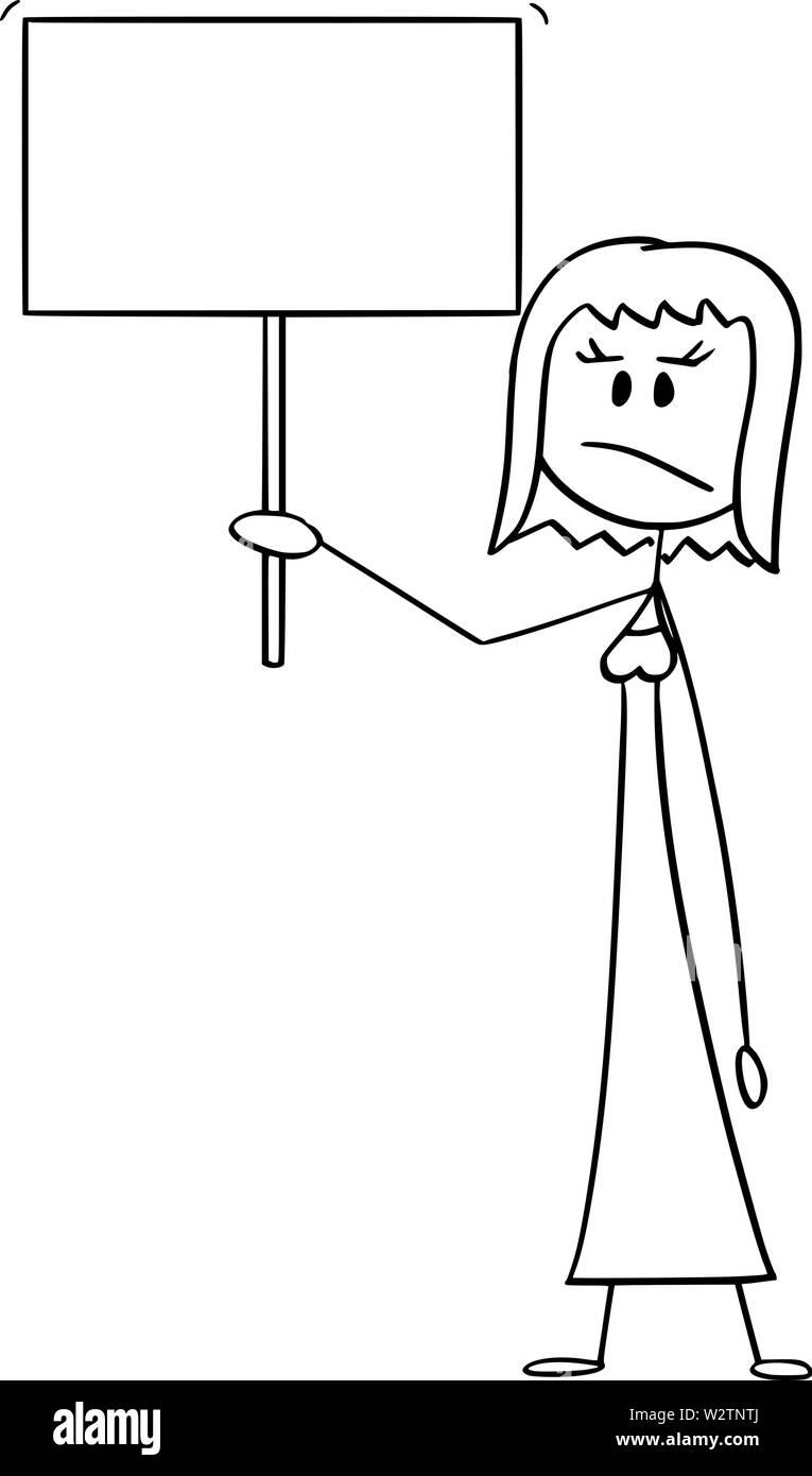 Vector cartoon stick figure dessin illustration conceptuelle de femme en colère ou businesswoman holding vide ou blank sign prêt pour votre texte. Illustration de Vecteur