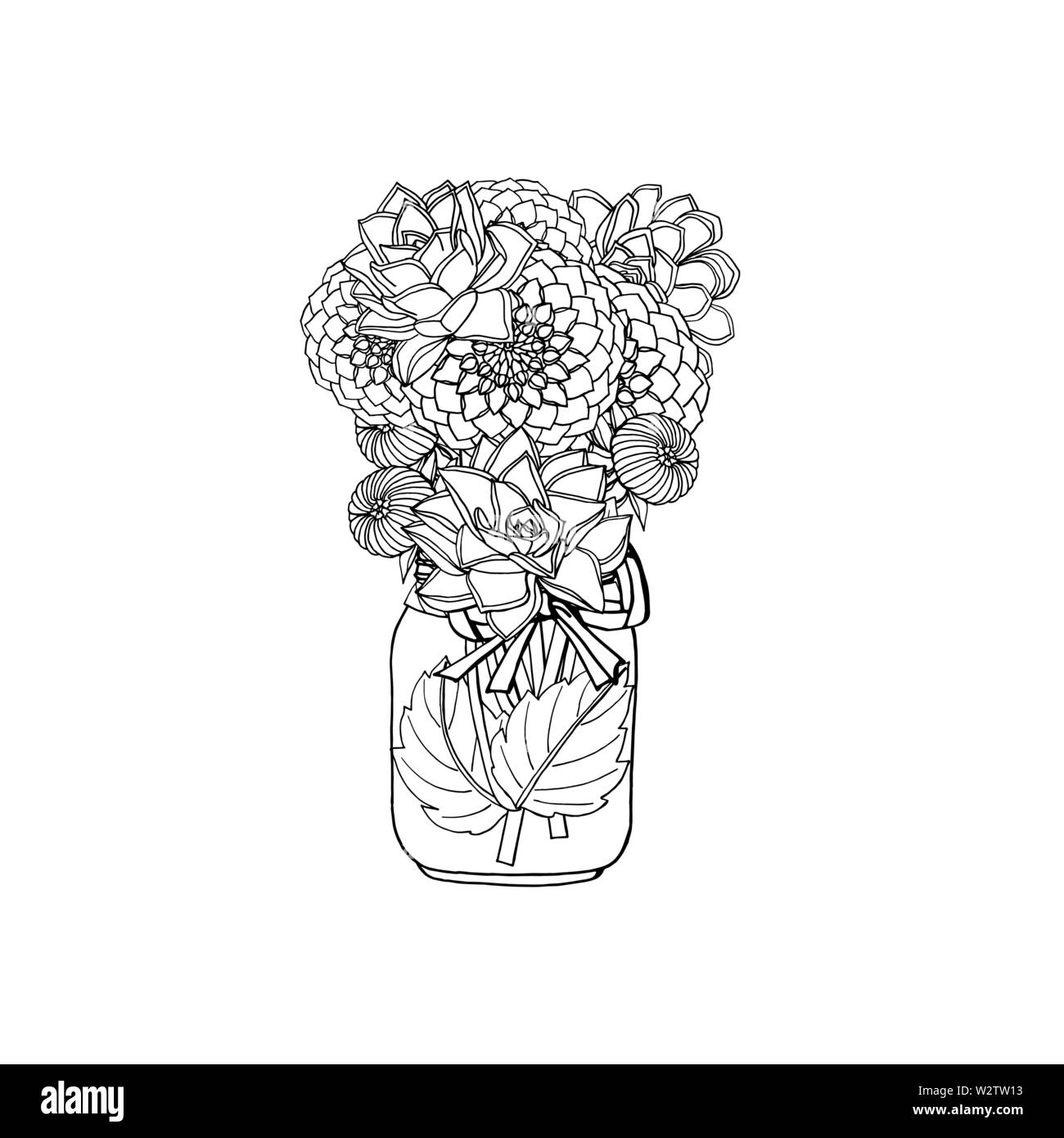 Style doodle dessiné à la main des bouquets de fleurs différentes, dahlia, plantes grasses. isolé sur fond blanc. stock vector illustration Illustration de Vecteur