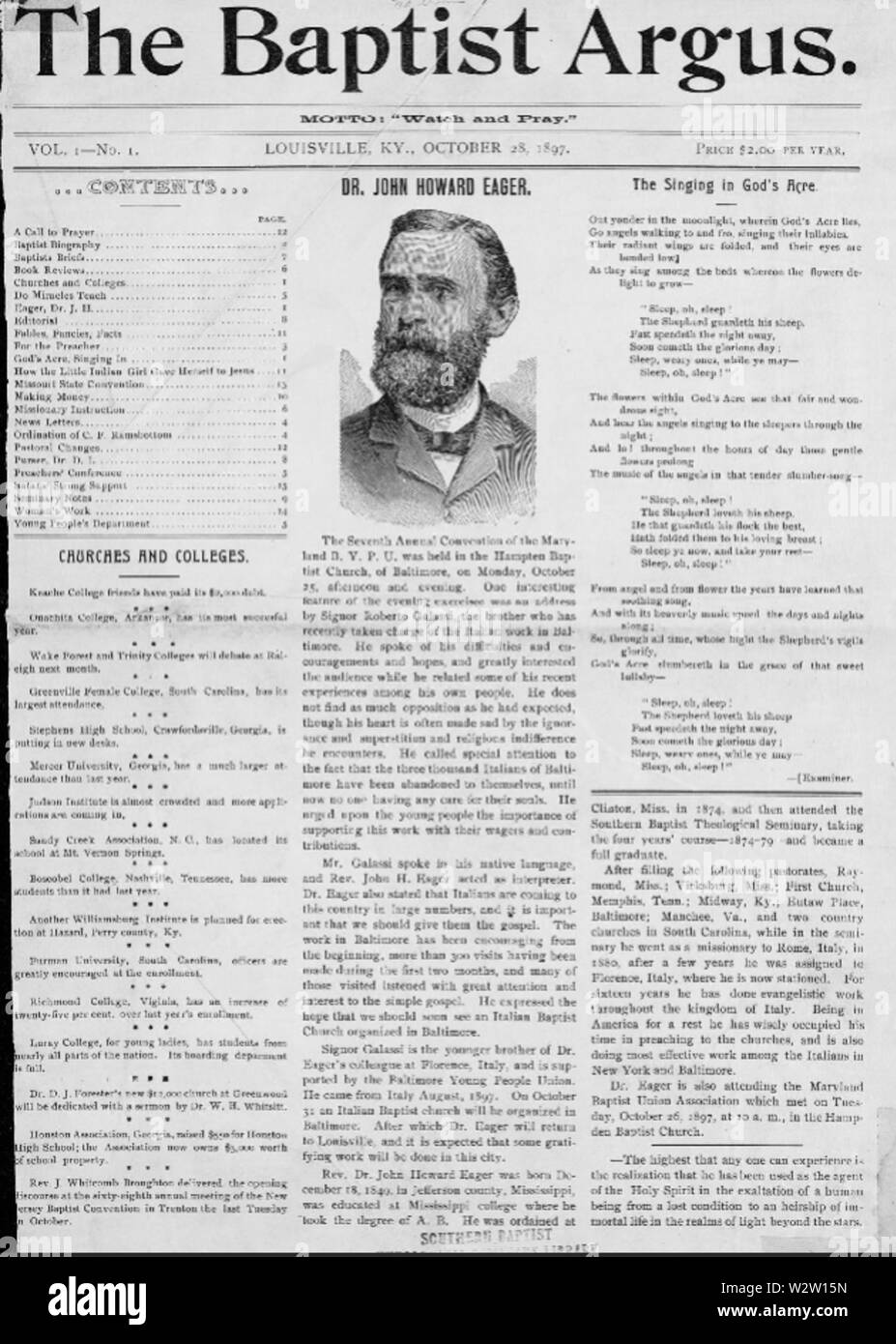 Première page du premier numéro de l'Argus Baptiste, le 28 octobre 1897 Banque D'Images