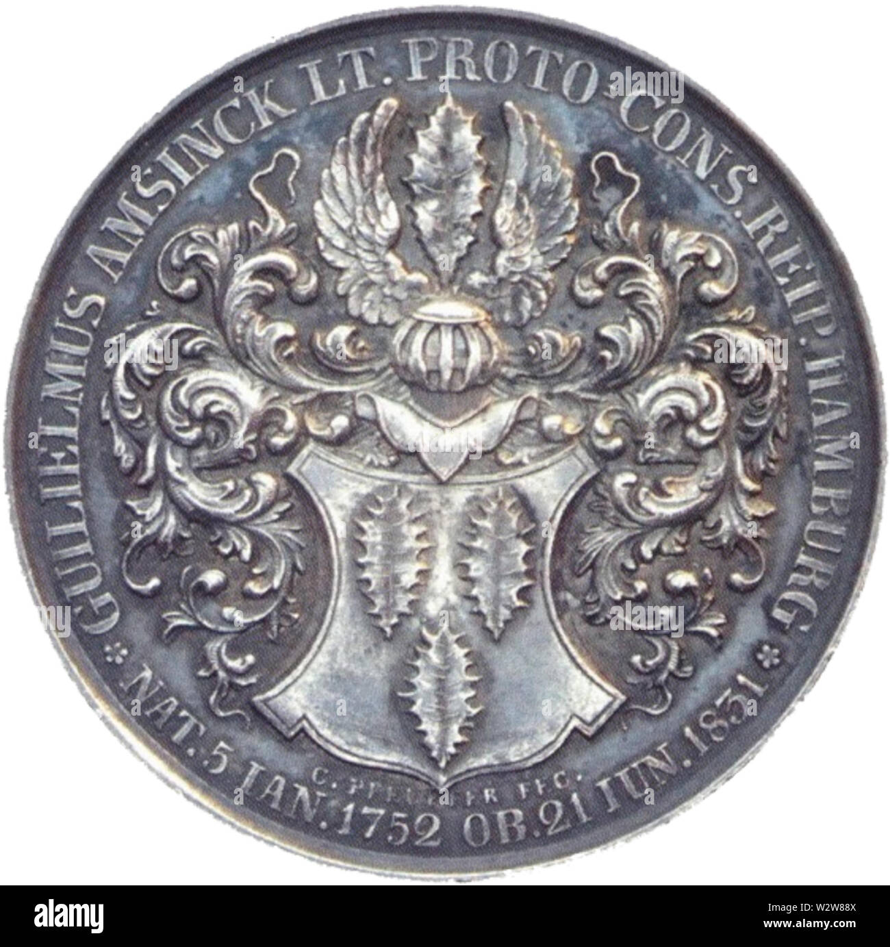 Pièce commémorative de Hambourg pour premier maire Wilhelm Amsinck (1752-1831) avec Amsinck Coat of Arms Banque D'Images