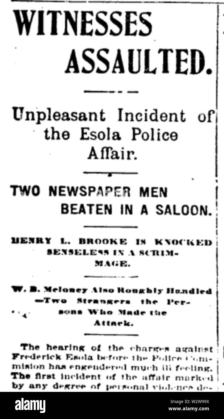 Cet article du San Francisco Chronicle du 22 janvier 1900 montre un titre à propos de l'agression de deux journalistes d'appel de San Francisco après avoir assisté à une réunion de la Commission de Police de San Francisco et a présenté des éléments de preuve à l'encontre de la police Le Lieutenant Frederick L. Esola, qui était candidat pour être nommé chef de la police de la ville. Meloney a témoigné devant la commission de police de la ville, et le soir après son témoignage était terminé, lui et un autre journaliste du bulletin ont été battu par deux hommes dans un salon à 206 Sutter Street. Soupçons ont été soulevées que les coups avaient été connecté à l'audience, mais n Banque D'Images