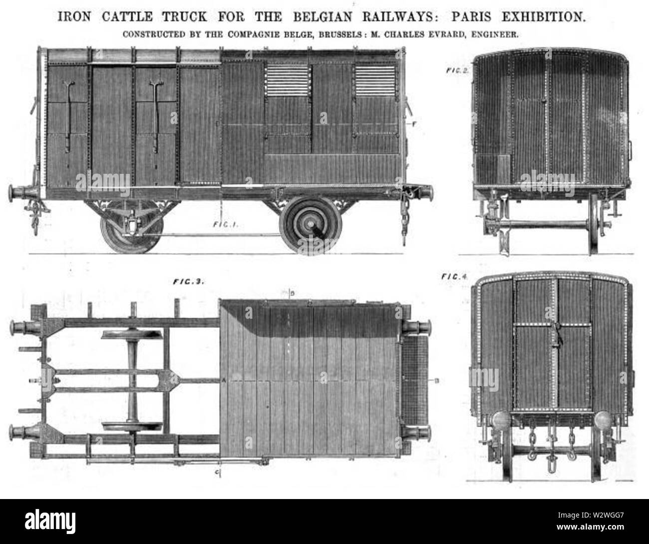 Camion de bétail en fer, Compagnie Belge (Charles Evrard), l'Exposition de Paris, 1867 Banque D'Images