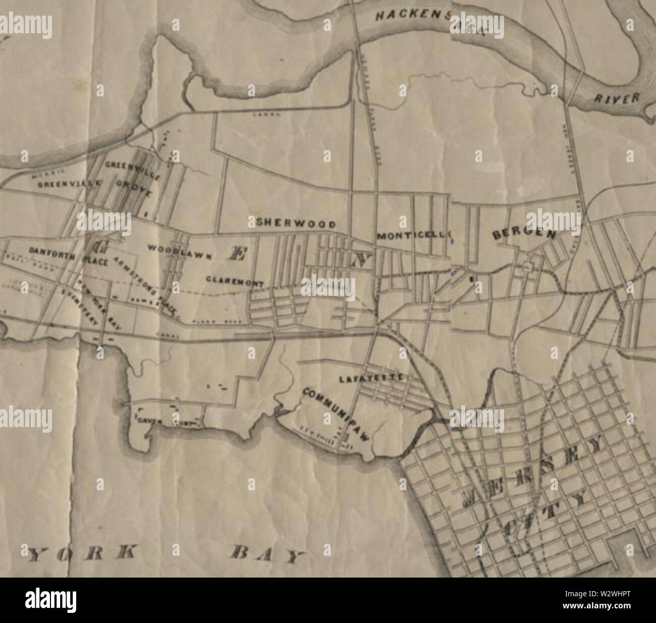 Détail de 1860 Plan de Jersey City, ville de Bergen, et Greenville de comté de Hudson, New Jersey avant consolidation achevée en 1873 (les uns avec les autres et la ville d'Hudson). Newark Bay/Hackensack River (en haut) et Upper New York Bay (ci-dessous) ont été abondamment pourvus d'étendre la superficie des terres. Banque D'Images