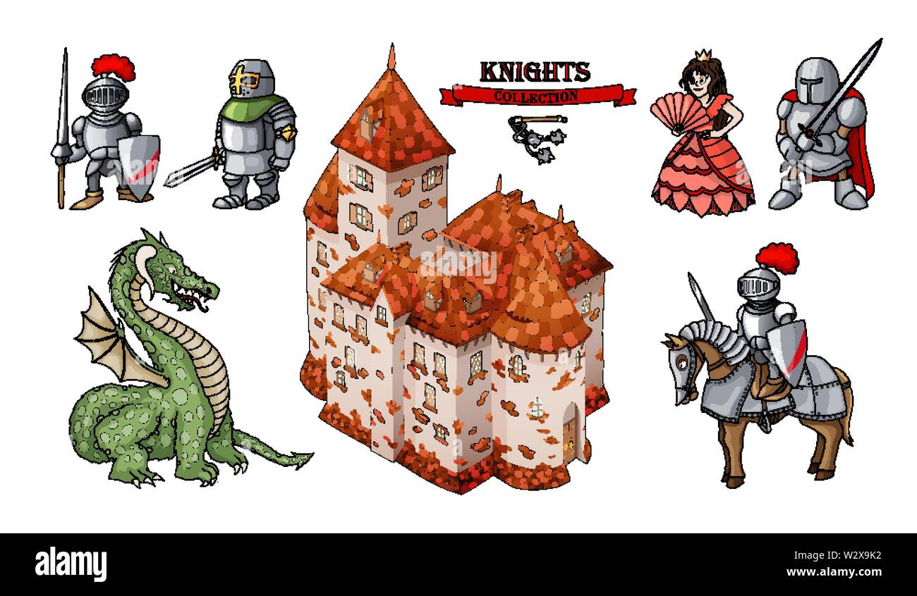 Cartoon caractères médiéval bâtiments historiques Objets Définir Illustration de Vecteur