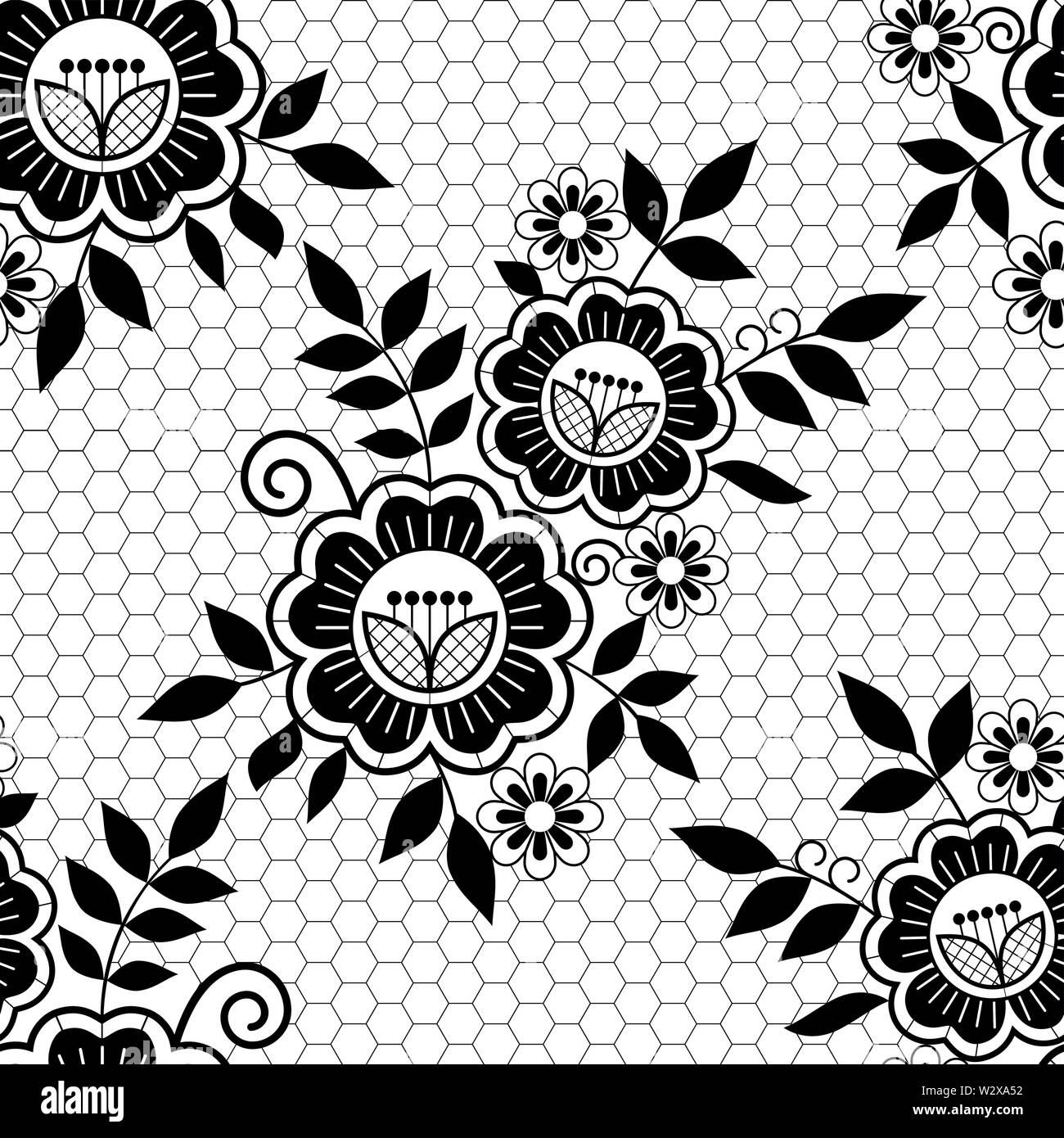 Seamless floral rétro dentelle mariage modèle vectoriel - design de fleurs et de tourbillons, ornement détaillé en noir sur fond blanc Illustration de Vecteur