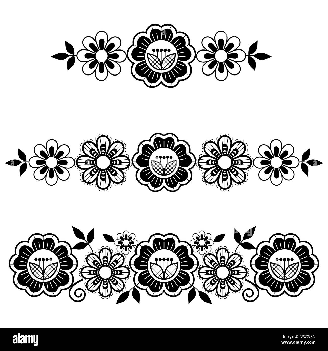 Long vecteur dentelle motif horizontal fixé, la conception de fleurs et de tourbillons, motif dentelle détaillée en noir et blanc. Fond monochrome rétro Illustration de Vecteur