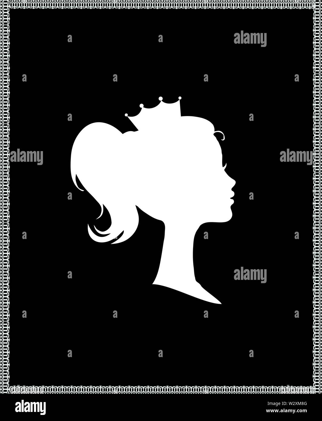 La princesse ou la Reine Silhouette Profil avec couronne sur la tête, Portrait de Victorien camée Monochrome personne royale dans le cadre de la Dentelle, fille mignonne Weraring Tiara S Illustration de Vecteur