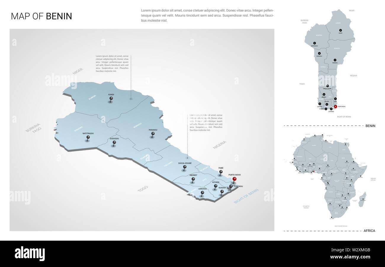 Vector set du Bénin pays. Carte en 3D isométrique, Bénin, Afrique carte carte - avec la région, l'Etat et les noms les noms de ville. Illustration de Vecteur