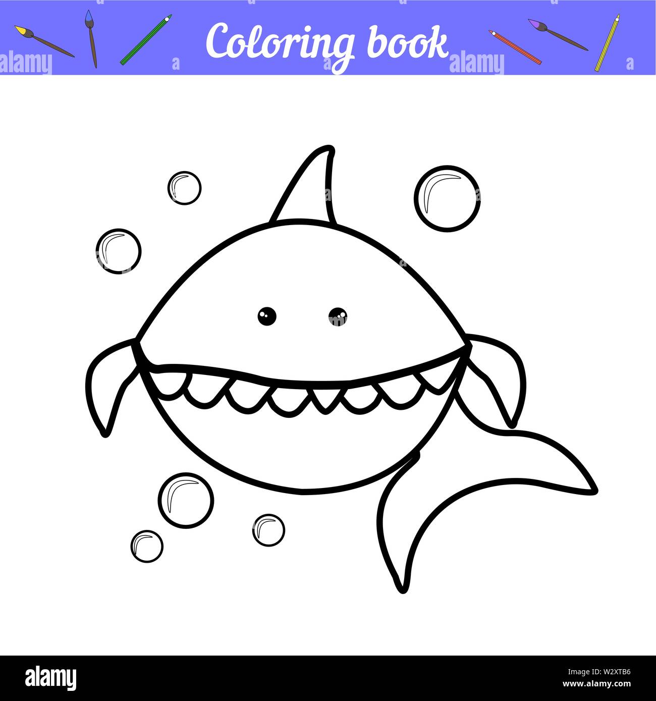 Bebe Requin Et De Bulles La Page De Coloration Coloration Simple Pour Les Enfants D Age Prescolaire Contours Epais Cartoon Caracteres Du Poisson Carte Nautique A Imprimer Silhouette En Noir Et Blanc Vector