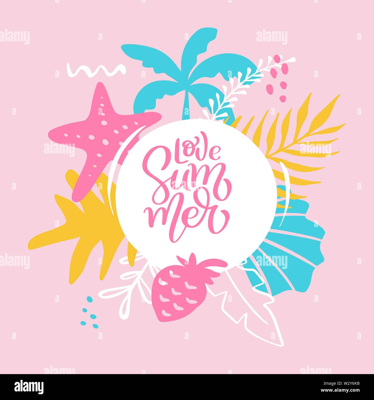 Texte Love l'été dans les feuilles et fleurs tropicales éléments mer cadre. Hand drawn vector illustration calligraphie lettrage. devis design logo greeting Illustration de Vecteur