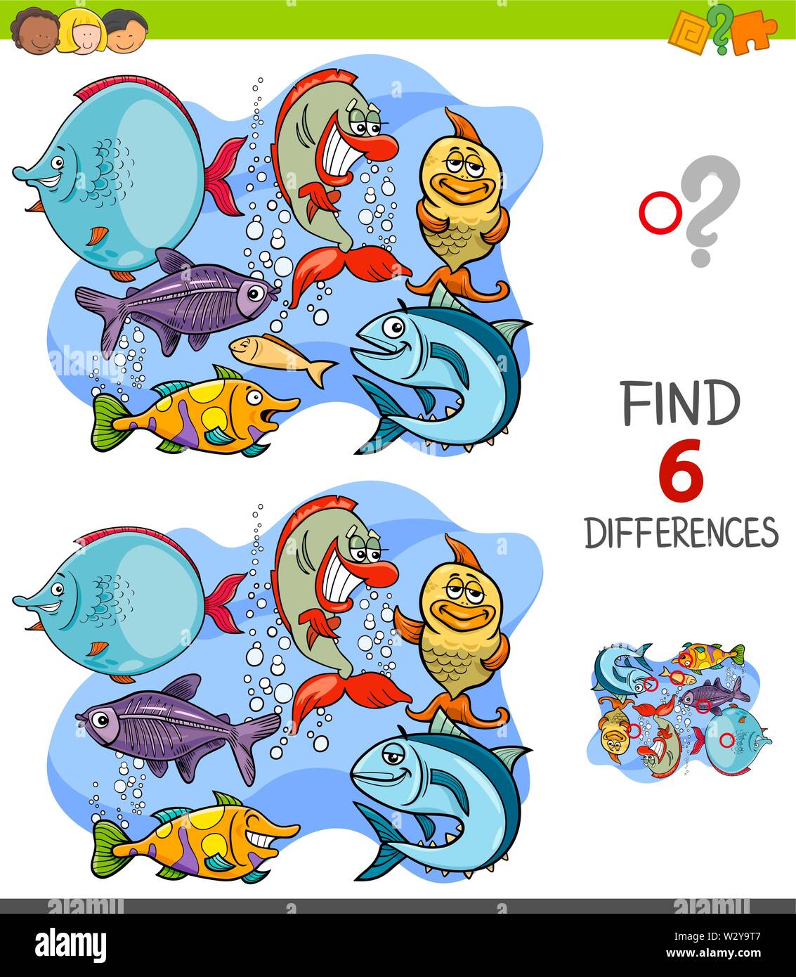Cartoon Illustration de trouver six différences entre les photos, jeu éducatif pour enfants avec drôle de poisson dans l'eau Illustration de Vecteur