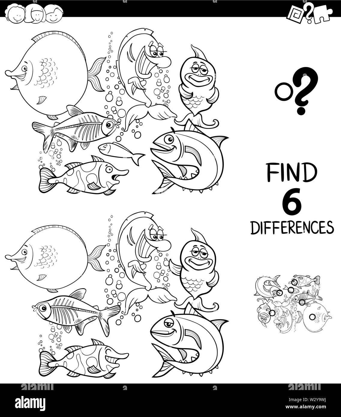 Illustration Cartoon noir et blanc de trouver six différences entre les photos, jeu éducatif pour enfants avec drôle de coloration du poisson dans l'eau B Illustration de Vecteur