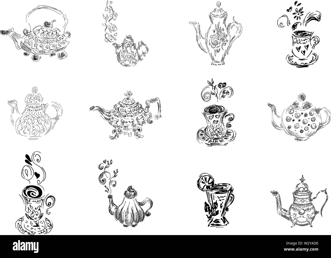 Ligne rétro théière et tasse art set isolé sur fond blanc. Ensemble chinois théière tasse collection pour le design textile. Contours collection. Vector ou Illustration de Vecteur