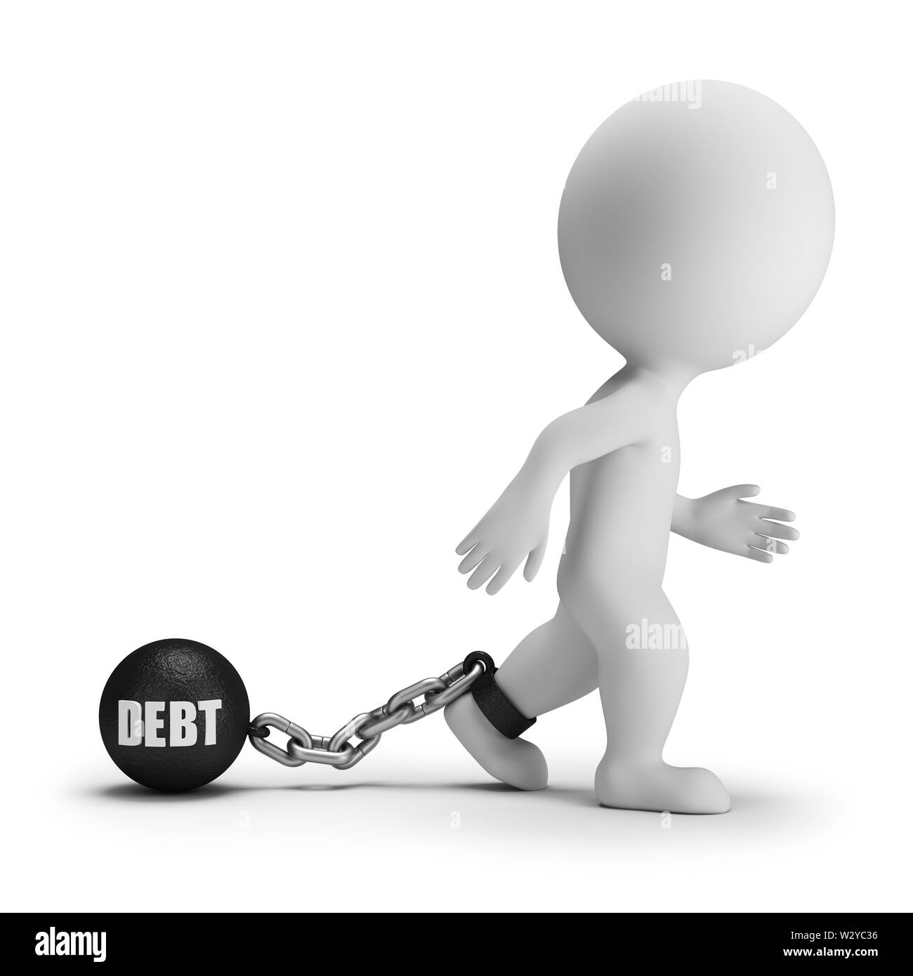 3d petite personne avec une charge de la dette sur la jambe avec l'inscription. Image 3d. Arrière-plan blanc. Banque D'Images