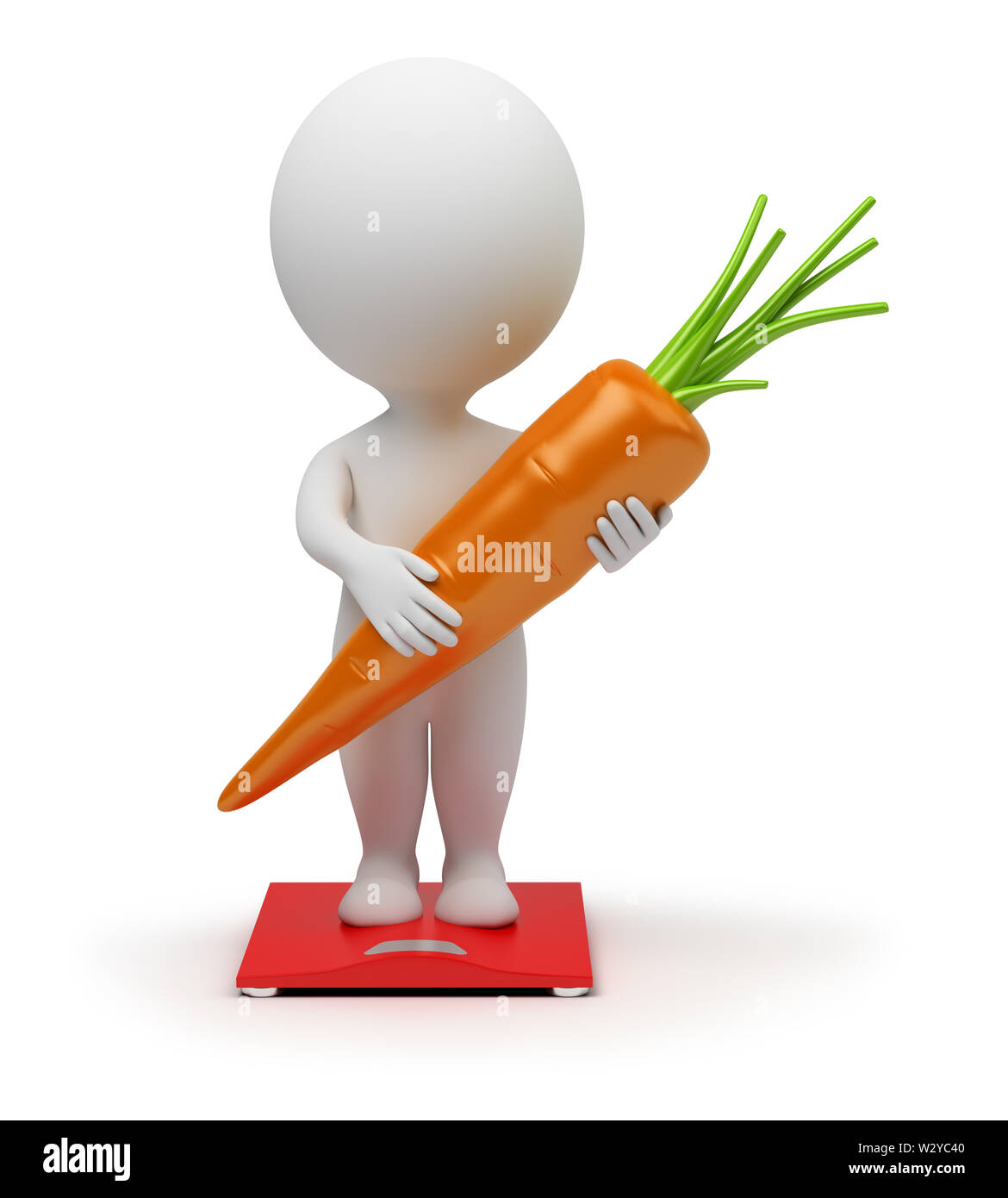 Petit 3d personnes debout sur des échelles avec des carottes dans les mains . Image 3d. Isolé sur fond blanc. Banque D'Images